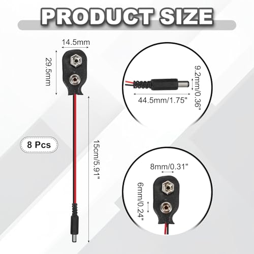 MECCANIXITY 8Pcs I Type 9V Battery Clip Connector to DC5521 Male Cable