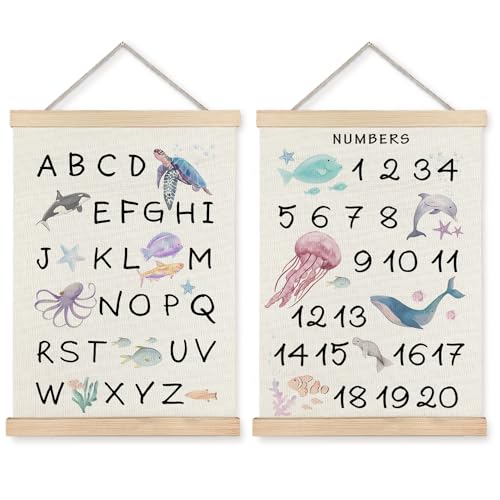 Supwhd Ocean Nursery Decor, Alphabet Numbers Ocean Animals Poster Hanger Frame, Sea Animals ABC 123 Educational Wall Decor for Nursery Kids Room Playroom Classroom Homeschool, 12x16 Set of 2 - color: Ocean Alphabet, size: 12 x 16 inches