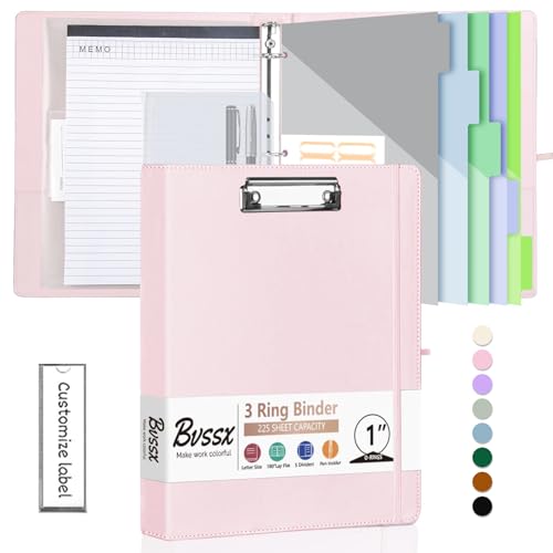 3 Ring Binder with Clipboard,1 Inch Binders with Notepad&5 Dividers with Pockets, Pen Holder, Leather Clipboards for School Office(Pink, Letter Size) - color: Pink, size: 1 Inch