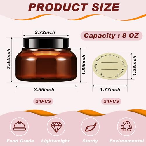24 Pack Plastic Cosmetic Jars with Lids Label, 8 oz, Brown - color: Brown, size: 8 oz