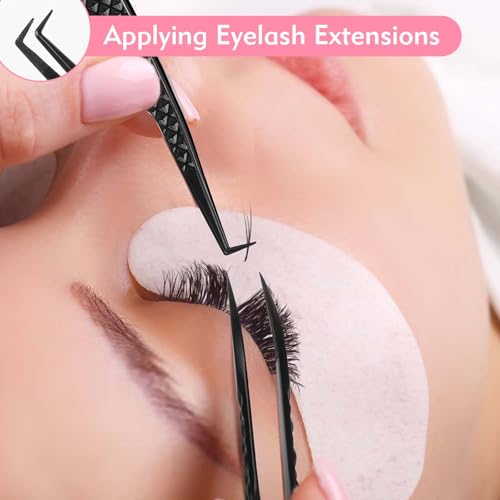 VEYES INC Lash Tweezers for Eyelash Extensions,Fiber Tip Tweezers for Individual Classic and Volume Lash,Stainless Steel Lash Tweezers-Slim 90 Degree - style: Noir N1