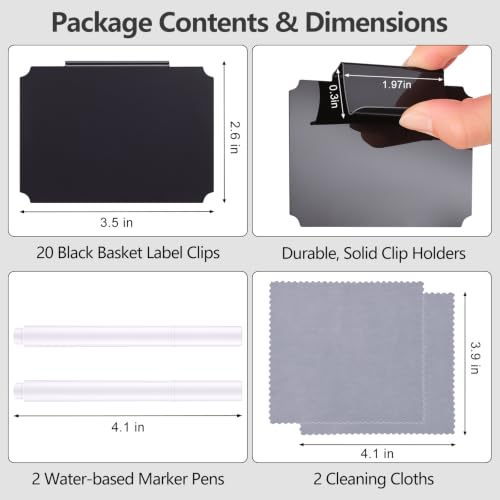 20 Pcs Basket Labels Clip On for Storage Bins, Reusable, Black