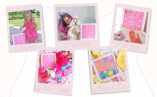 Pink Felt Letter Board Baby Announcement Sign with Rustic Wood White Frame - Rustic Farmhouse Letter Board Sign with Stand - 10x10 Felt Board Changeable Message Board with 350 Letter Set - color: Pink, size: 10x10 inches