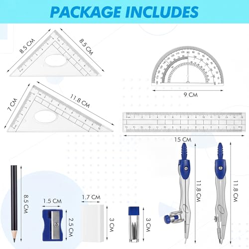 Zonon 10 Pcs Math Geometry Set for Student Compass Protractor, Dark Blue - color: Dark Blue