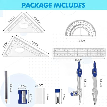Zonon 10 Pcs Math Geometry Set for Student Compass Protractor, Dark Blue - color: Dark Blue