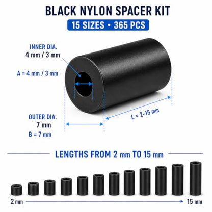 365-Piece Black Nylon Spacer Kit 3mm & 4mm ID 7mm OD - size: M3/M4