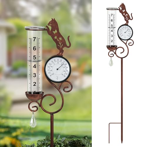 Cat Rain Gauge Outdoor,Large Number Scale Rain Gauge-Temperature&Hygrometer - color: Cat