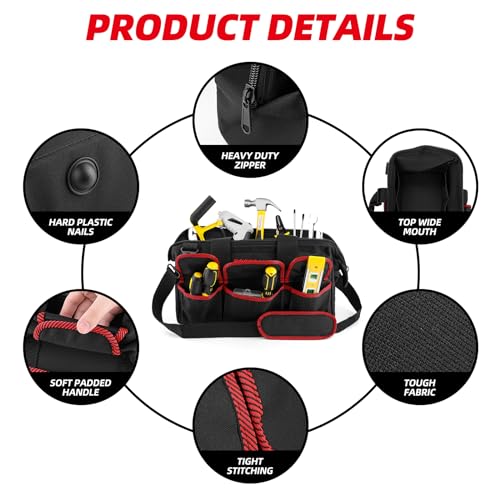 Tool Bag 16'', Multi-pocket Tool Organizer with Shoulder Strap, Heavy Duty Tote with for Tool Storage, Black & Red - color: Red