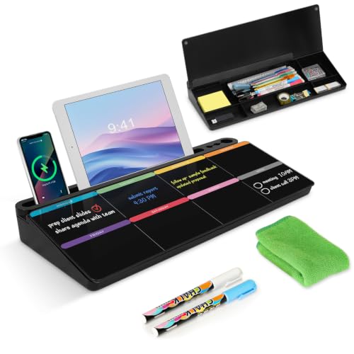 Desktop Glass Whiteboard with Storage, Weekly Calendar Desk White Board - color: Organizer-black Colourful Weekly Planner