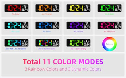 Large LED Digital Wall Clock with Date, Temperature, Auto-Brightness, Auto-DST | Big Digital Clock for Bedroom, Desk, Classroom, Living Room, Kitchen, Office, Gym, Farmhouse, Xmas Gift for Seniors - color: Rgb