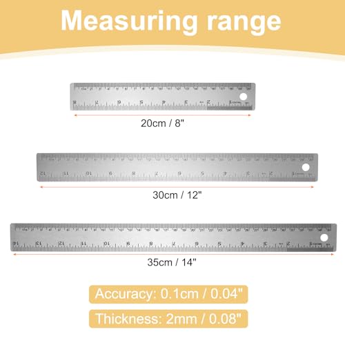 HARFINGTON 3pcs Stainless Steel Metal Ruler 20/30/35cm Straight Edge with Cork Backing Non-Slip Inch Metric Metal Ruler for Classroom Office Home Drafting Tools - size: 20/30/35cm