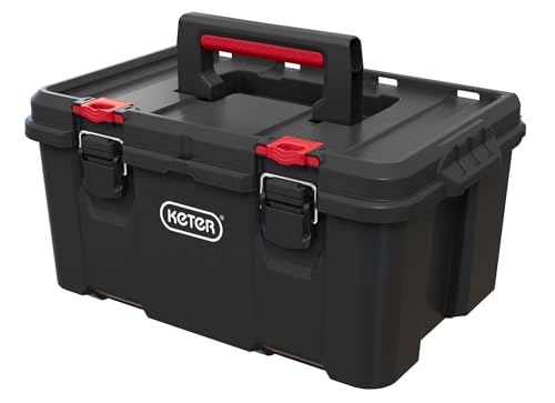 Keter Stack N' Roll Tool Box, Heavy-Duty Portable Tool Storage Case with Removable Utility Tray, Metal Latches, Safety Lock System and Padlock-Ready Design - color: Black/Red, size: Tool Box