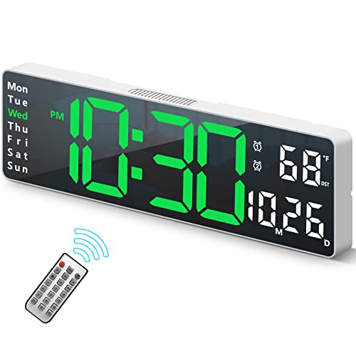 Digital Clock, Digital Wall Clock for Living Room Decor, Desk Alarm Clock for Bedroom, Large Wall Clock with Remote Control, Automatic Brightness Dimmer LED Clock with Date Temperature Week (Green-W) - color: White Case+green Digit