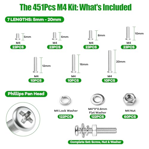 451Pcs M4 Phillips Pan Head Machine Screws Nuts Washers Set,304 SS - size: 451Pcs M4*5/6/8/10/12/16/20mm