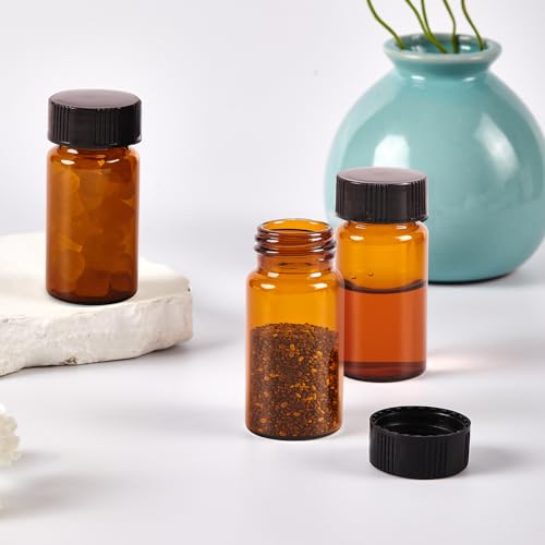15 PCS 10ML Amber Small Liquid Sample Glass Vials with Screw Caps,0.34OZ 22x52mm Leak-Proof Vial, 18-400 Black Screw Cap with PE Liners for Lab, Essential Oil, Perfume, Reagents - size: 10ML(22*52mm)