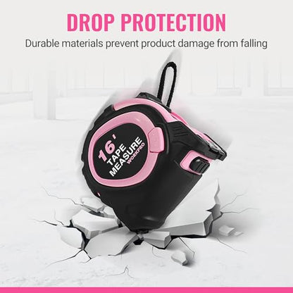 WORKPRO 16-FT Tape Measure with Fractions, 3 Brakes Retractable Measuring Tape, Compact Measurement Tape with Magnetic Hook, Nylon Coating Blade Accuracy 1/32”, Pink - size: 16-FT