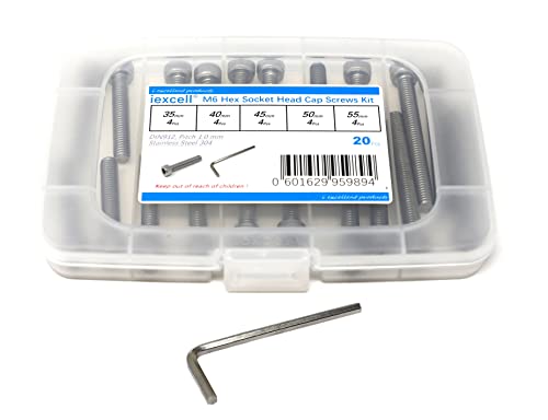 iexcell 25 Pcs M6 x 35/40/45/50/55mm Thread Pitch 1 mm Stainless Steel 304 Hex Socket Head Cap Screws Bolts Assortment Kit - size: M6 x 35/40/45/50/55mm