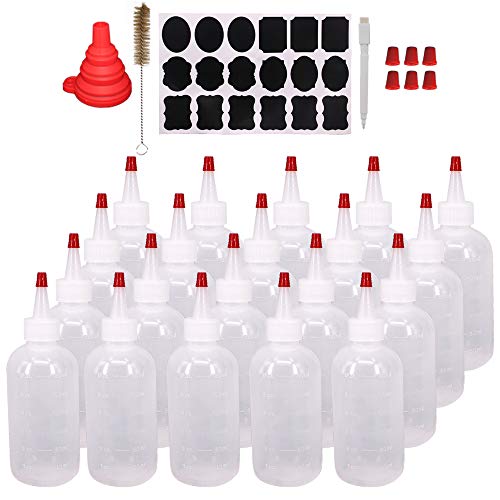 20 Pack 6-Ounce Plastic Squeeze Bottles with 20pcs Red Tip Caps and Measurement - Good for Crafts, Art, Glue, Multi Purpose Set of 20 with extra 6 Red Cap 36 Chalk Labels and 1 Pen - size: 6oz 20pack
