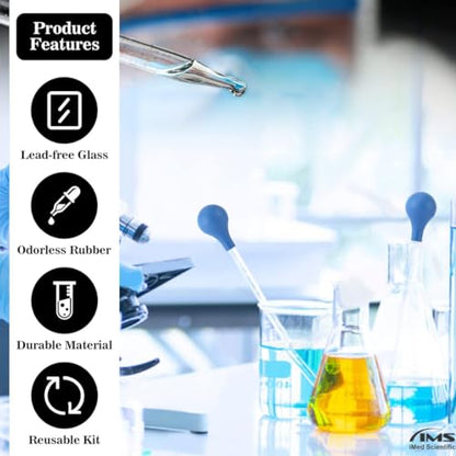 Multipurpose Glass Pipettes Droppers, 2ml Graduated, Blue Rubber Head, Straight-Tip Calibrated Thick Glass to Transfer Fluid, Liquids, Essential Oils, Accurate Easy Dose & Measurement - 8" Long