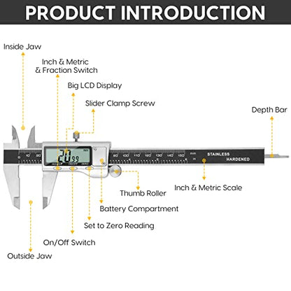 Digital Caliper Measuring Tool, 6 Inch Caliper Tool with Large LCD Screen, Easy Switch from Inch Millimeter Fraction, Stainless Steel Vernier Caliper Digital Micrometer for DIY/Household