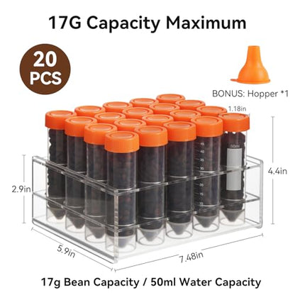 20Pcs Single Dose Coffee Bean Storage Tubes with Stand & Hopper - Plastic Airtight Coffee Bean Cellar, Espresso Coffee Dosing Vials with Scales and Write Marks for Ground Coffee Spices Loose Tea, 17g