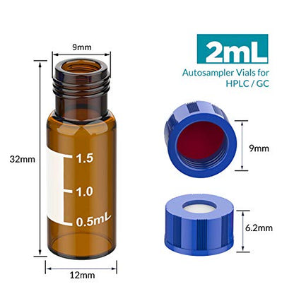 Membrane Solutions 2mL Autosampler Vials, 9-425 GC/HPLC Vials, 100 Pcs - size: Amber Vial & Red PTFE septa