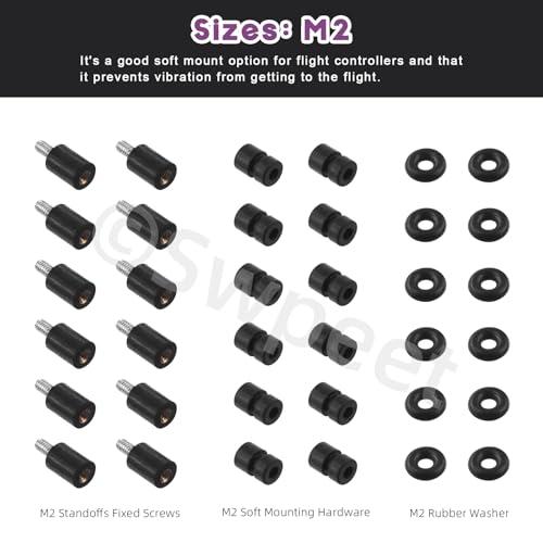 Swpeet 36Pcs M2 Rubber Flight Controller Anti-Vibration Fixed Screws Damper Balls Washer O Rings Assortment Kit, Hardware Spacer Standoffs Soft Mount Vibration Shock Absorber for Flight Controller - size: M2