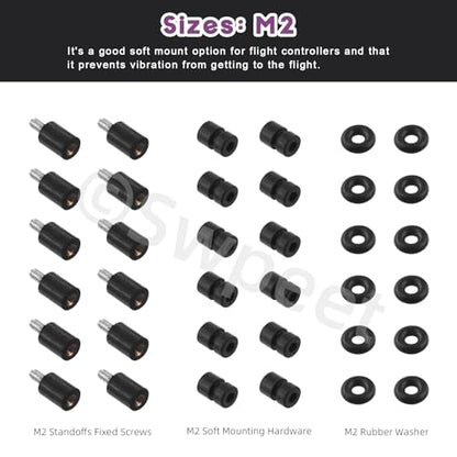 Swpeet 36Pcs M2 Rubber Flight Controller Anti-Vibration Fixed Screws Damper Balls Washer O Rings Assortment Kit, Hardware Spacer Standoffs Soft Mount Vibration Shock Absorber for Flight Controller - size: M2