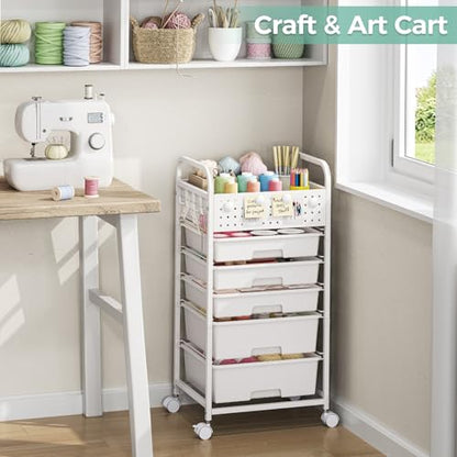 5 Drawer Rolling Storage Cart with Pegboard Top and Hooks, White - color: White, size: 5-Drawers