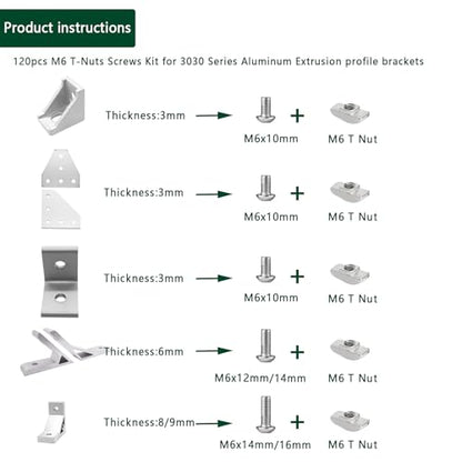 120 pcs M6 T Nut Screws Kit for 3030 3060 Aluminum Extrusion, 60 pcs Silver M6x10/12/14/16mm Hexagon Socket Screws and 60 pcs M5 Drop in T-Nuts with 1 pcs M6 Hex Wrench - style: 120pcs 30 Series Screws Kit Silver