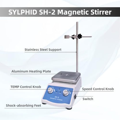 SYLPHID SH-2 Magnetic Stirrer Hot Plate, 536°F/280℃ Max Lab Hotplate Mixer with 2600 RPM Stir Plate, Includes Electronic Probe Thermometer, Fuse, Stir Bar,Support Stand&a Pair of Nitrile Gloves