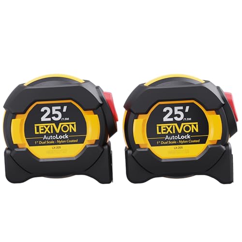 LEXIVON [2-Pack] 25Ft/7.5m AutoLock Tape Measure | 1-Inch Wide Blade with Nylon Coating, Matte Finish White & Yellow Dual Sided Rule Print | Ft/Inch/Fractions/Metric (LX-205X2) - size: 25 ft 2-Pack