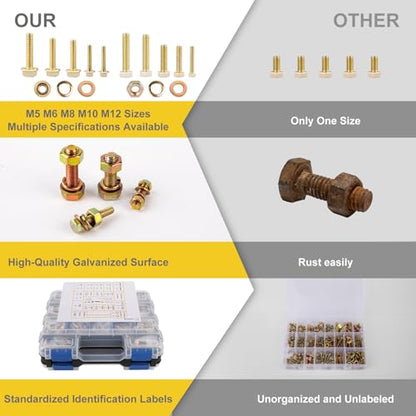 1352 PCS Metric Hex Bolts & Flange Bolts -8.8 Grade, M5 M6 M8 M10 M12 Heavy-Duty hex Bolt and nut Set, Galvanized zinc, a Unique Double-Sided Outer Box - size: M5, M6, M8, M10,M12-1352pcs