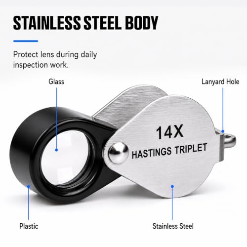 14X Hastings Jewelers Loupe, Mini Triplet Loupe with 12mm Triplet Lens, Stainless Steel Body, Foldable Design, Protective Pouch, Pocket Size Jewelry Loop Magnifier for Gemstone & Coin Collecting