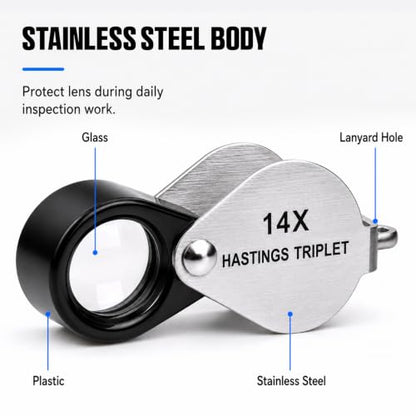 14X Hastings Jewelers Loupe, Mini Triplet Loupe with 12mm Triplet Lens, Stainless Steel Body, Foldable Design, Protective Pouch, Pocket Size Jewelry Loop Magnifier for Gemstone & Coin Collecting