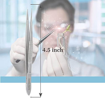 Stainless Steel High Precision Forceps with Fine Strong Straight Serrated Point to use Engineer Labware for Scientific Use (4.5 Inch) - size: 4.5 Inch