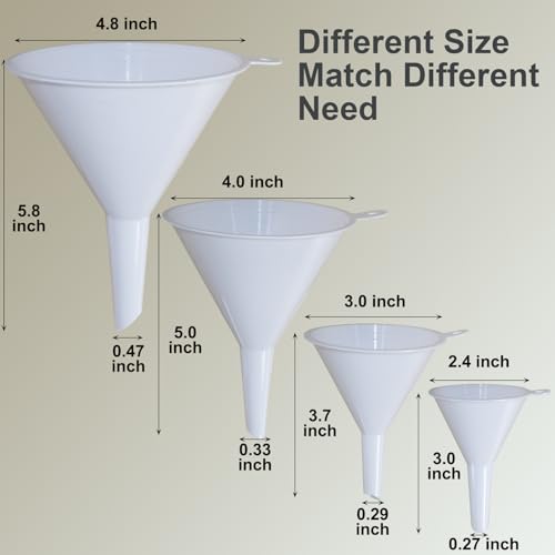 KongNai 4 Pieces Plastic Funnel Set for Kitchen and Automotive Use, Mini, Small, Medium and Large Funnel for Filling Bottles, Canning, Cooking, Lab or Car Oil Funnels (White) - color: White