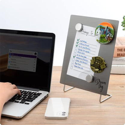 Magnetic Bulletin Board with Stand – Small Dry Erase Memo Board – Tabletop Metal Easel for Magnet Display – 10x8 Inches + 2 Magnets