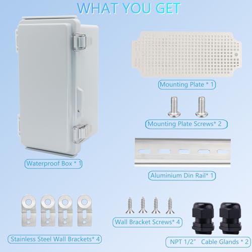 IP67 Waterproof Junction Box, ABS Plastic Electrical Enclosure with Stainless Steel Latch, Hinged Cover Electric Box with Mounting Plate, Wall Brackets & Cable Glands 200x100x110 - color: Grey, size: 7.9"x3.9"x4.3" Standard