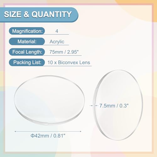 PATIKIL 10 Pack Biconvex Lens, 42mm Dia. 75mm Focal Length Optical Lenses Magnifier Paperweight Acrylic Double Convex for DIY Office Desk Home Science Experiment Telescope - size: 42mm Dia. x 75mm Focal Length