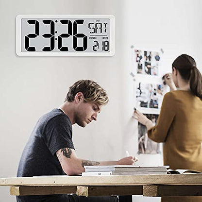 TXL 14.2" Large Digital Day Wall Clock, Custom 8 Languages Calendar, Count up-Down Timer and Temp Reminder, 12/24Hr Desktop Alarm Clock with Extra Large Display for Home Office Studio Hotel, White - color: White-14.2in