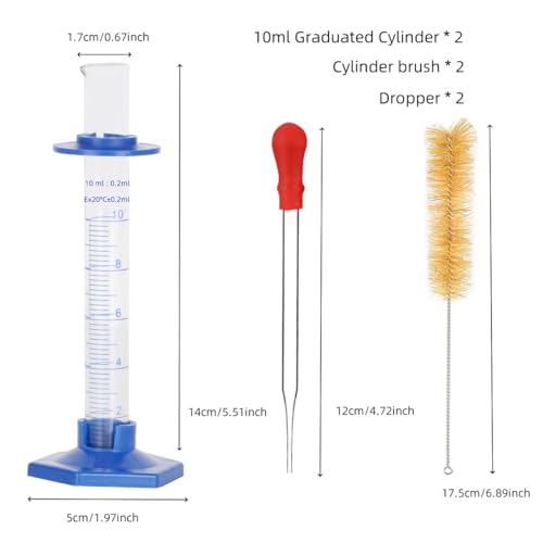 2Pcs 10ml Graduated Cylinder, Thick Glass Measuring Cylinder, with Anti-Falling Plastic Base and Bumper Guards, for Science Laboratory Measuring Liquid, Bring 2 Brushes and droppers - size: 10ml