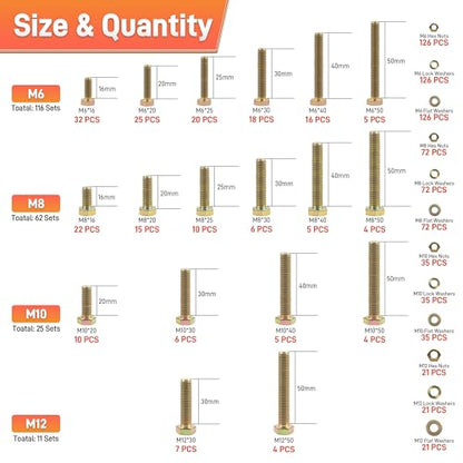 Quibbay 976pcs Nuts and Bolts Assortment Kit, Grade 8.8 Metric Bolt Assortment with Assorted Nuts and Washers, Heavy Duty M6 M8 M10 M12 Hex Bolts and Nuts Kit, Yellow Zinc Plated, Length from 16-50mm - size: 976pcs M6 M8 M10 M12