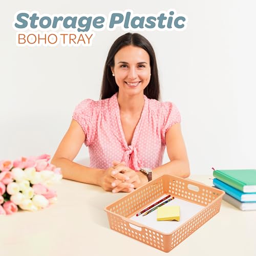 4E's Novelty 6 Pack Classroom Paper Baskets, Organizing Desk Boho Tray for A4 Papers, Classroom Storage Plastic Paper Bins, Fun Turn In Trays for Teachers and Students, Office Desk Room Trays