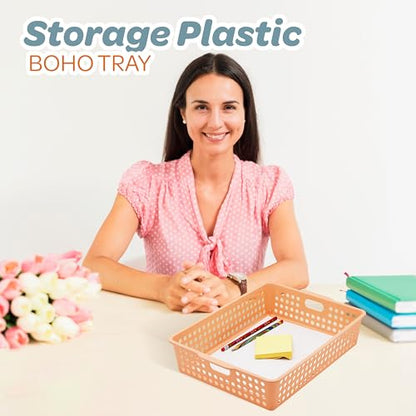 4E's Novelty 6 Pack Classroom Paper Baskets, Organizing Desk Boho Tray for A4 Papers, Classroom Storage Plastic Paper Bins, Fun Turn In Trays for Teachers and Students, Office Desk Room Trays