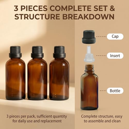 erioctry 3PCS 100ml/3.4oz Empty Amber Glass Bottle with Orifice Reducer and Black Cap for Essential Oils Aromatherapy Cosmetic Storage