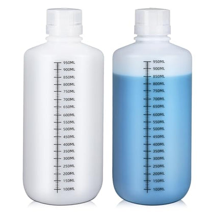32oz/1000ml Narrow Mouth Plastic Bottles with Caps, HDPE Laboratory Grade Graduated Liquid Containers for Reagent Sample Medicine Water Storage (Translucent, 2 Pcs) - size: 32 Ounces