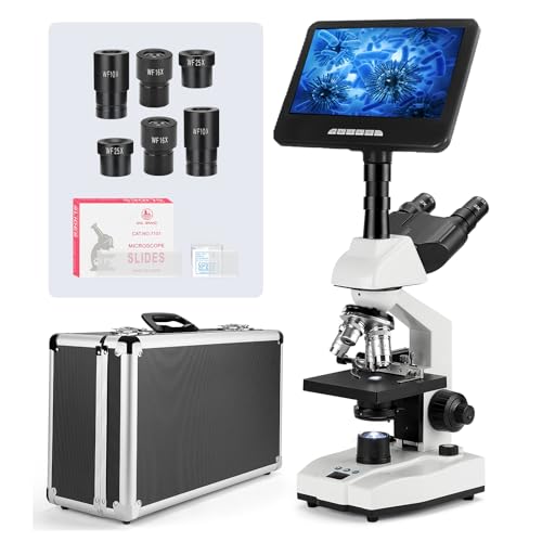 [Constant Temp 24MP Smart Monitor] Vabiooth Lab Trinocular Compound Microscope 40X-2500X Mag with 7" Monitor Free Software-One Click Capturing Images & Video, Measuring Lengths, Adjustable Temp Stage - style: 24MP Smart Monitor Constant Temperature
