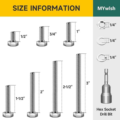 Mywish 210Pcs Hex Head Bolts and Nuts Assortment, 1/4 20 Bolt, Heavy Duty 304 Stainless Steel Bolts and Nuts Kit with Flat Spring Washers, Includes 7 Common Sizes, Fully Threaded - size: 210 Pcs 1/4 Kit - Silver