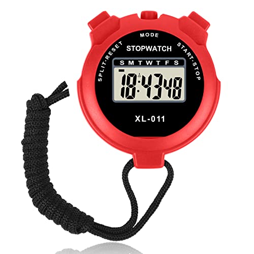 Vicloon Digital Sport Timer, Large Display Stopwatch with Single Lap Split, 12/24 Hour Clock Alarm Date for Coaches & Kids (Red) - color: Red